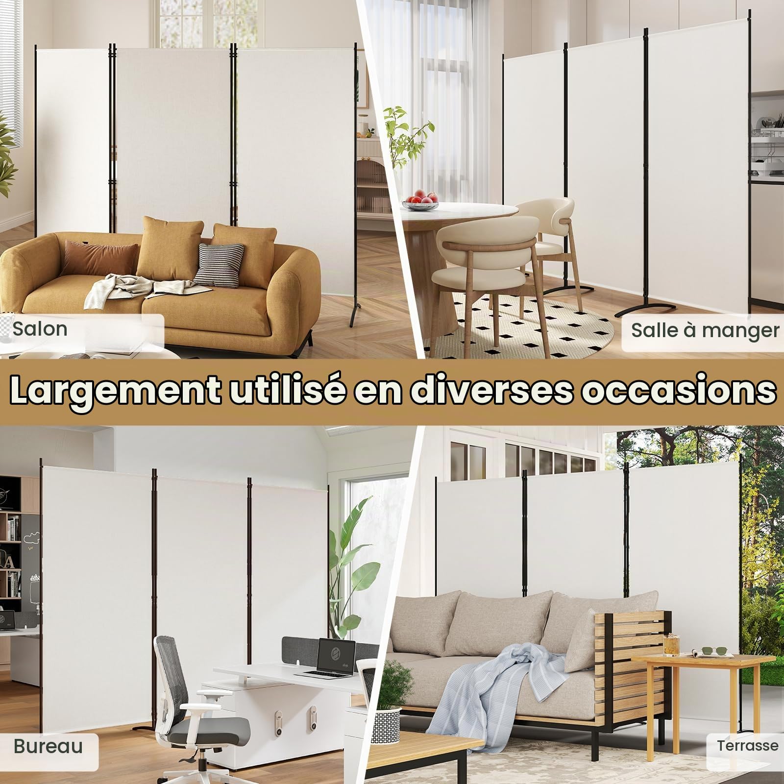 GIANTEX Cloison à 3 Panneaux Autoportante, Paravent Pliable avec Charnières Résistantes en Acier pour Salon, Bureau 260X183CM, Noir/Blanc/Gris/Marron (Blanc)