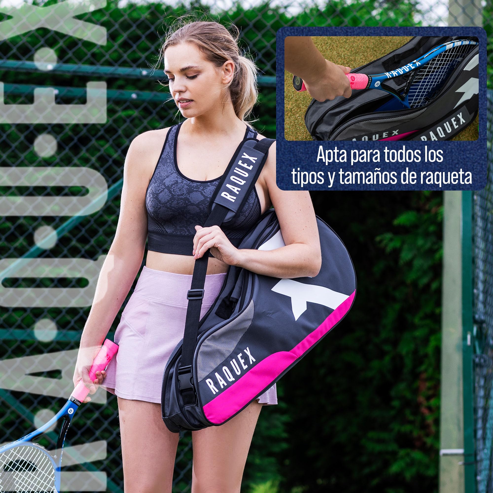 Raquex Bolsa para Raquetas : Tenis, Bádminton y Squash. Azul/Negro/Magenta. con Capacidad para hasta 6 Raquetas, Accesorios y Zapatillas