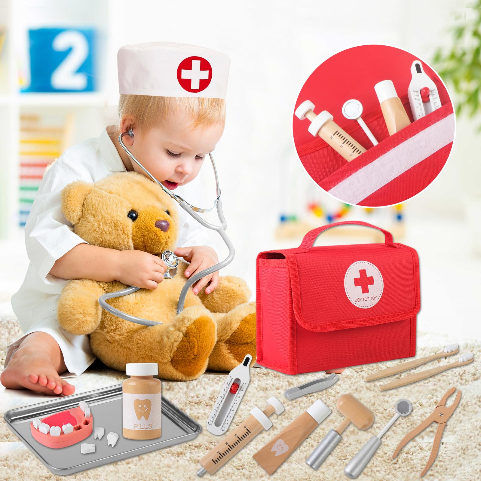Mardo Arztkoffer Kinder Holz Doktorkoffer mit Echtem Stethoskop, Arztkittel und Doktortasche in Rot, Perfekt für Rollenspiele Zahnarzt Spielzeug ab 3 4 5 Jahren 1