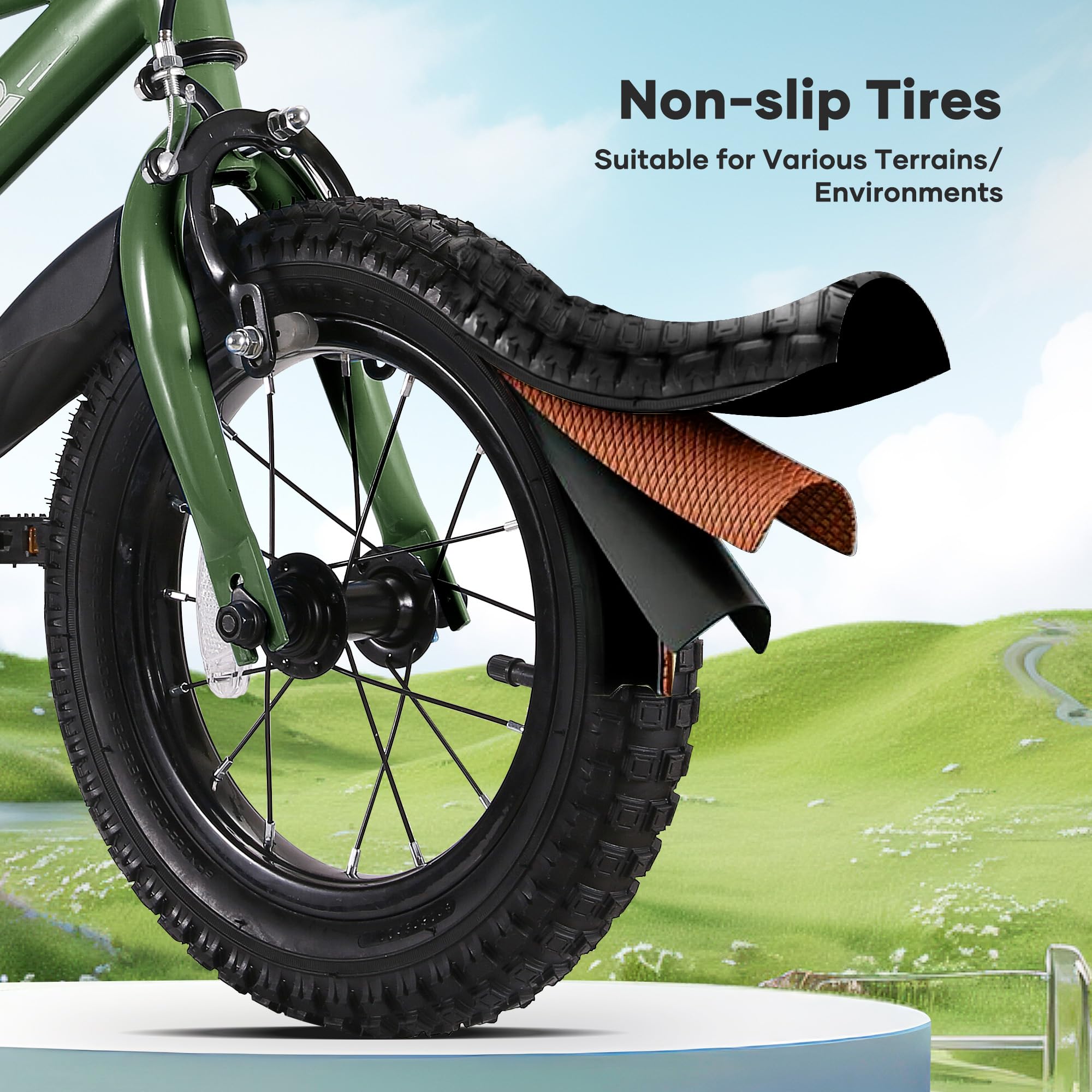 BODIOO Bicicletta per bambini 14 pollici, bicicletta per ragazzi e ragazze con ruote di supporto, telaio stabile, sedile regolabile, freno a mano e freno a contropedale, adatta per conducenti da 94 a