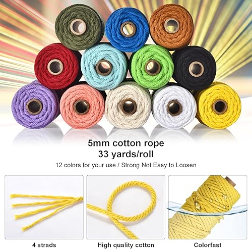 Miniatura 35 de Cuerda de macramé – Cuerda de macramé natural sin blanquear – Cuerda de algodón torcido de 4 hebras para colgar en la pared, hacer manualidades