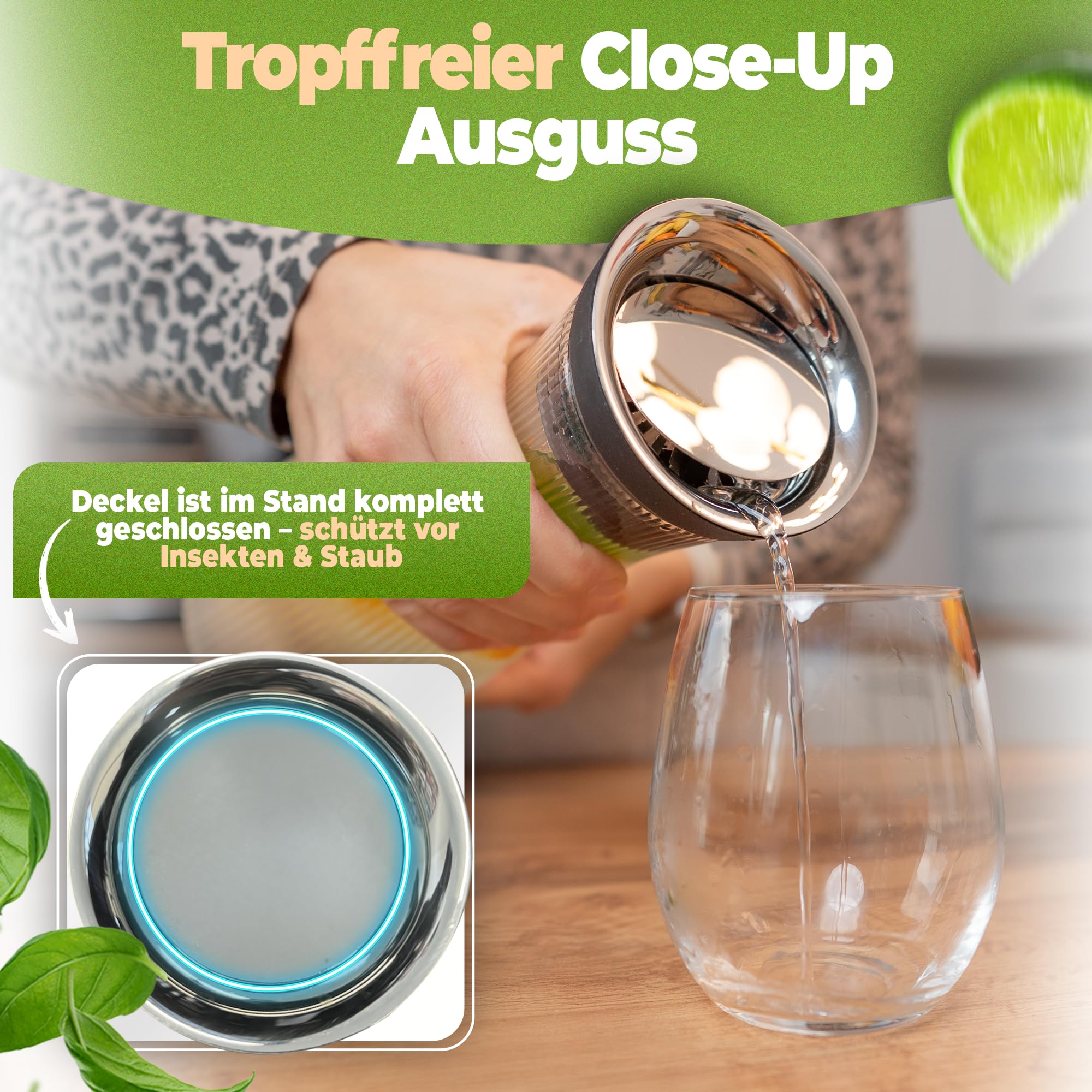 CLIDOR Wasserkaraffe mit Deckel - 1,5 L, edles Klarglas Design, Tropffreie Glaskaraffe mit Deckel, Eleganter Wasserkrug mit feiner Filterung, Ideal für Fruchtwasser, Säfte, Infused Water (1500ml)