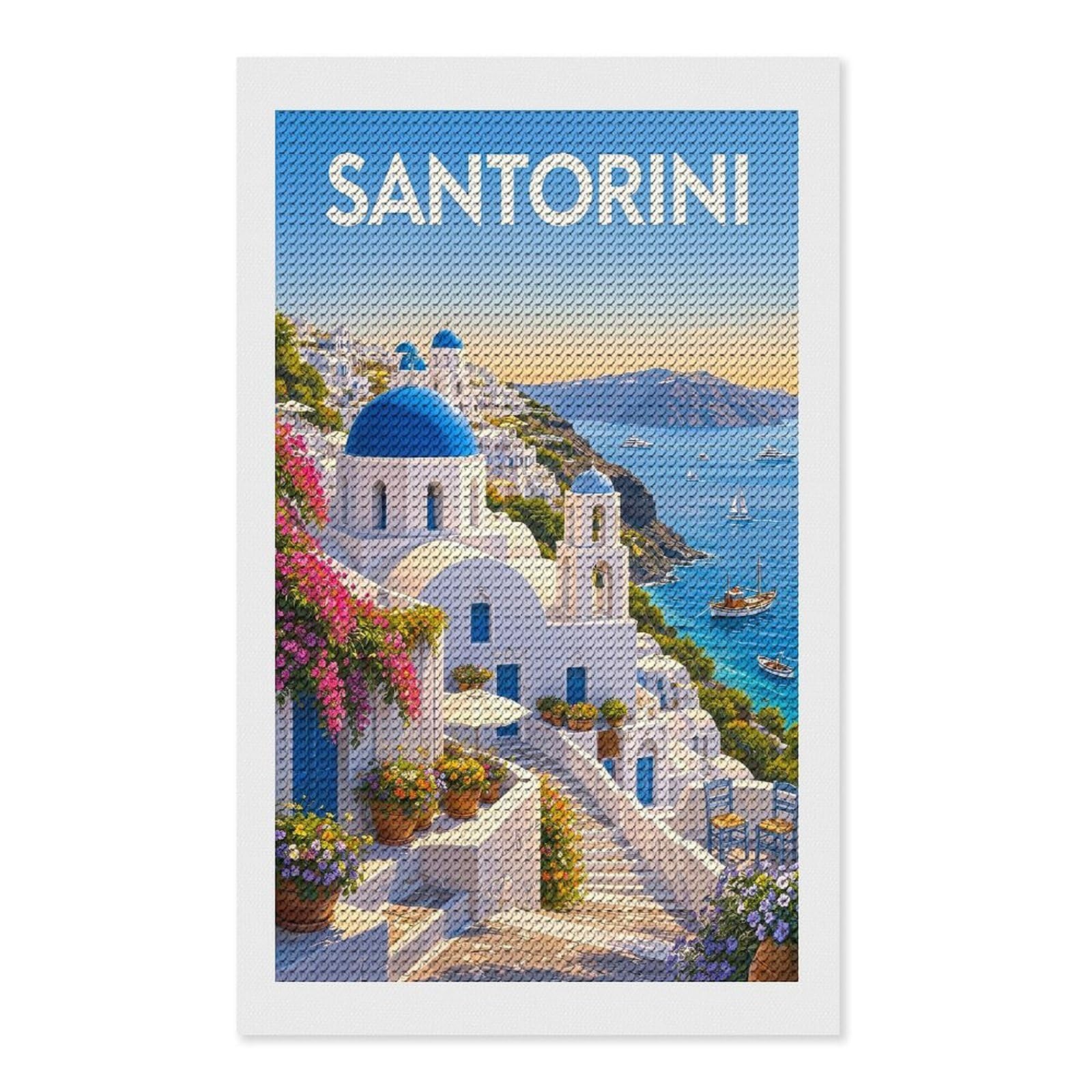 Junmoney Santorini Travel (5) DIY Diamond Art Canvas Kit 12"x20", Pleasing Wall Art Project, Easy Handmade Project, Living Room Decor