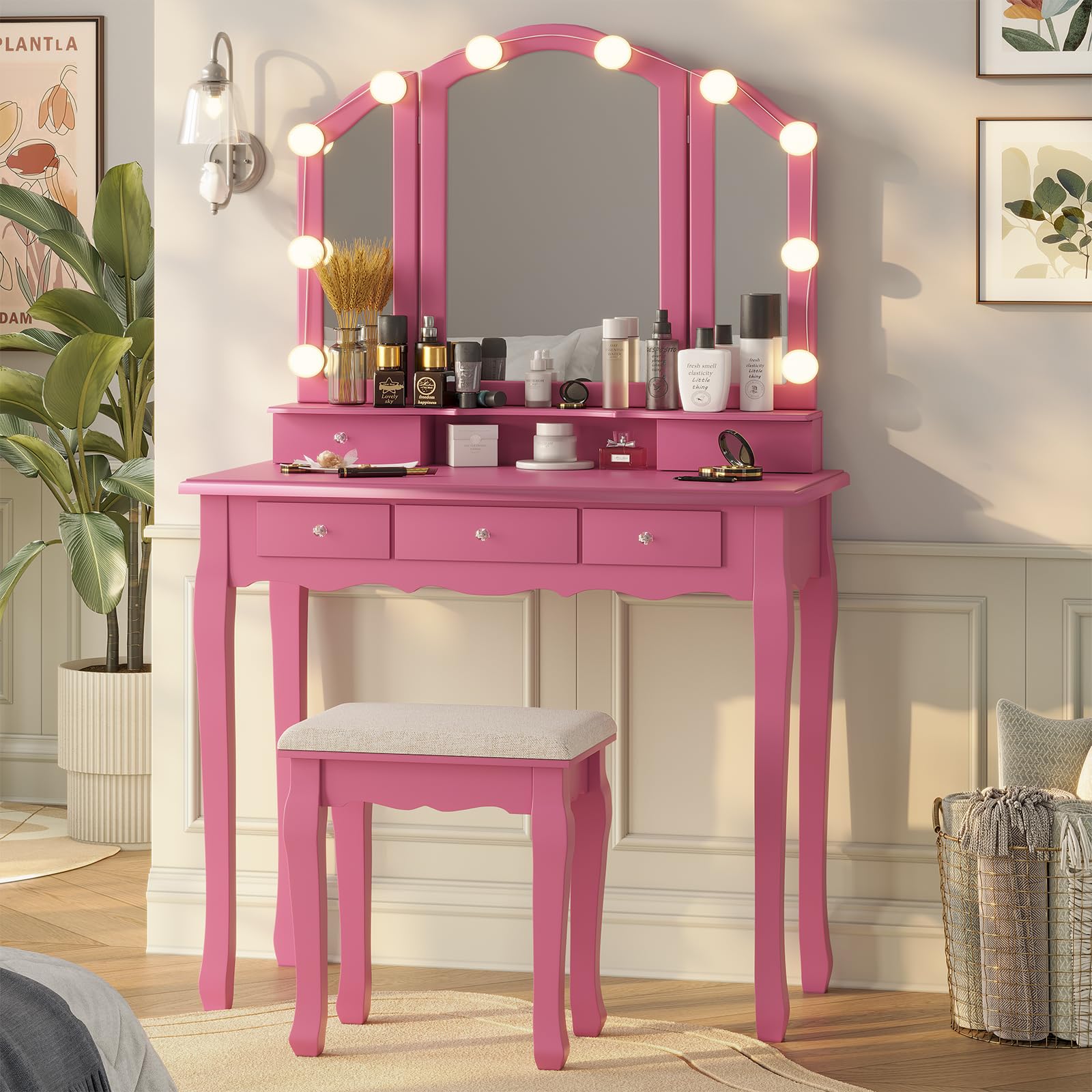Tiptiper Pink Vanity with Tri-Fold Mirror, 10 Hollywood Lights & Stool, Girls Makeup Vanity Table with 5 Drawers & Jewelry Hooks, 3 Light Settings & Adjustable Brightness, Pink