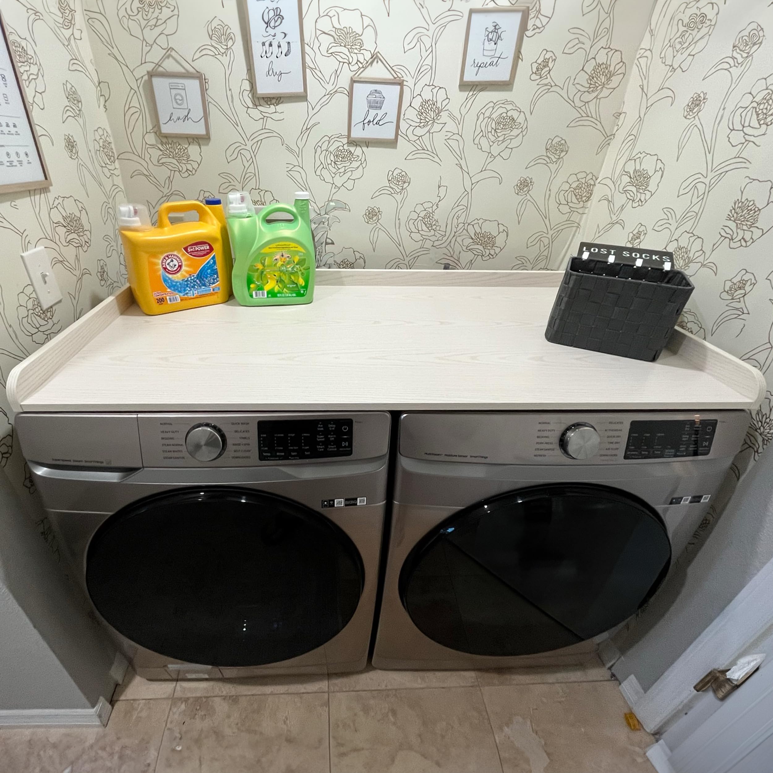 Washer and Dryer Countertop with Non-Slip Mat - Laundry Countertop (White Grain) 27.5" x 54" Durable Melamine Finish for Laundry Room Organization
