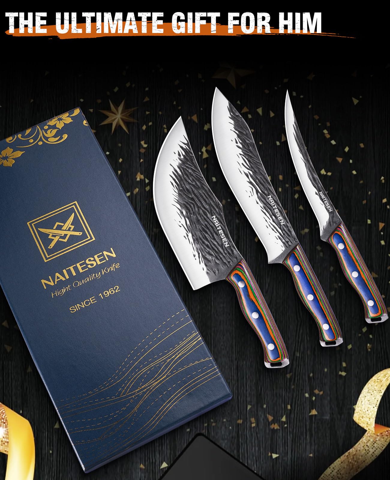 Naitesen 3PCS Hand Forged Butcher Knife Set - Gold-Stamped Gift Box — Amazon image 7