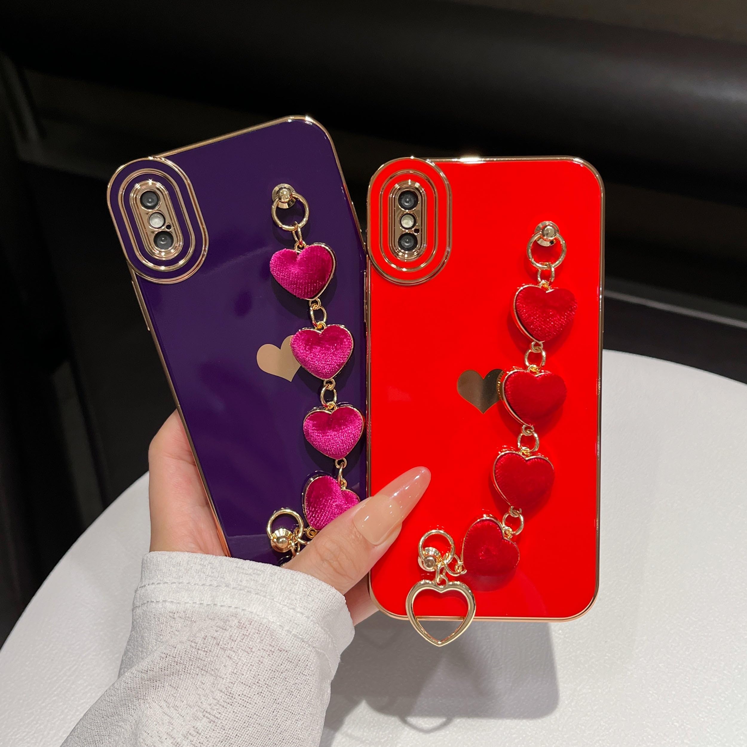 SUVATA Custodia per bracciale da polso con perla a cuore placcata di lusso per iPhone 11 Pro 12 Mini 13 X XR XS Max Cover per telefono antiurto su SE2