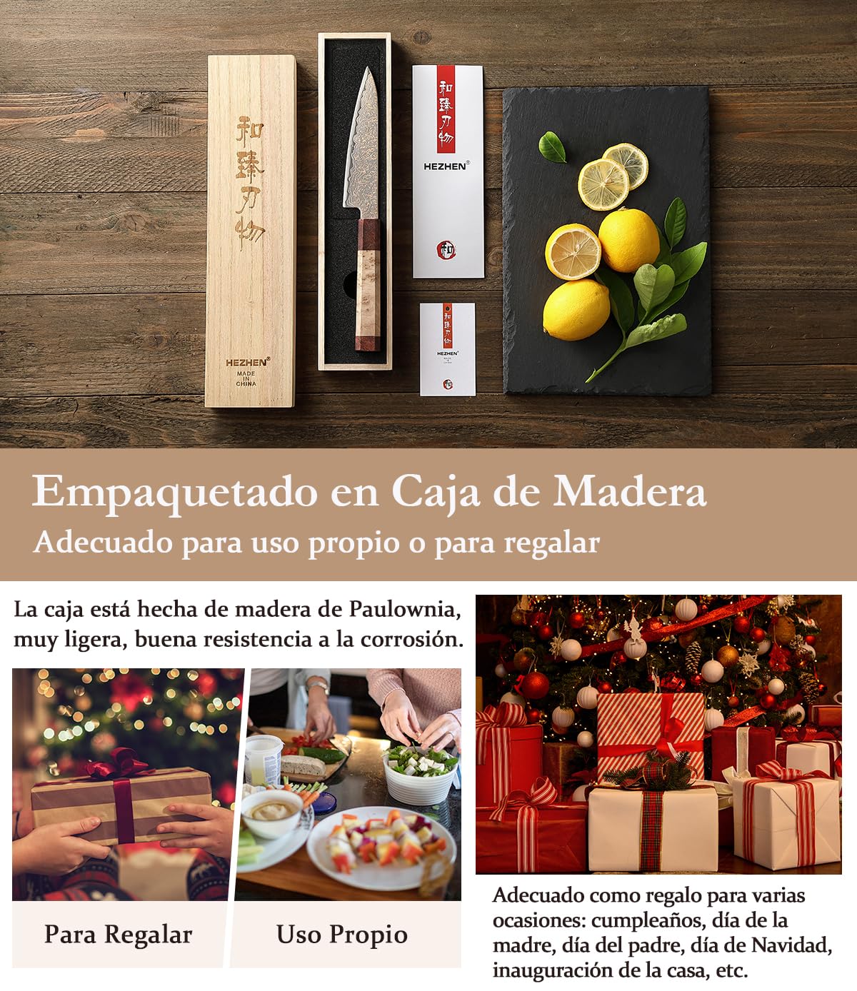 HEZHEN Damasco Cuchillos Universales, Cuchillos Cocina Damasco de Cobre, Cuchillo de Fruta para Pelarr con Caja de Madera, Mango de Octogonal