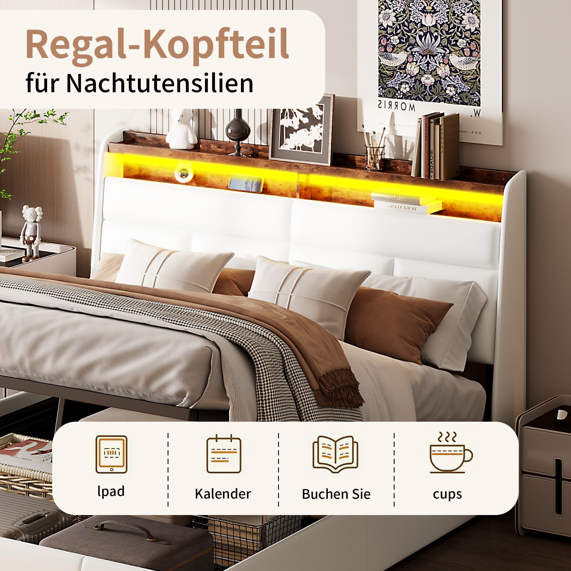 Letto Imbottito 160x200 Con Contenitore E Luci LED – Struttura In PU Con Rete A Doghe Idraulica (BIANCO)