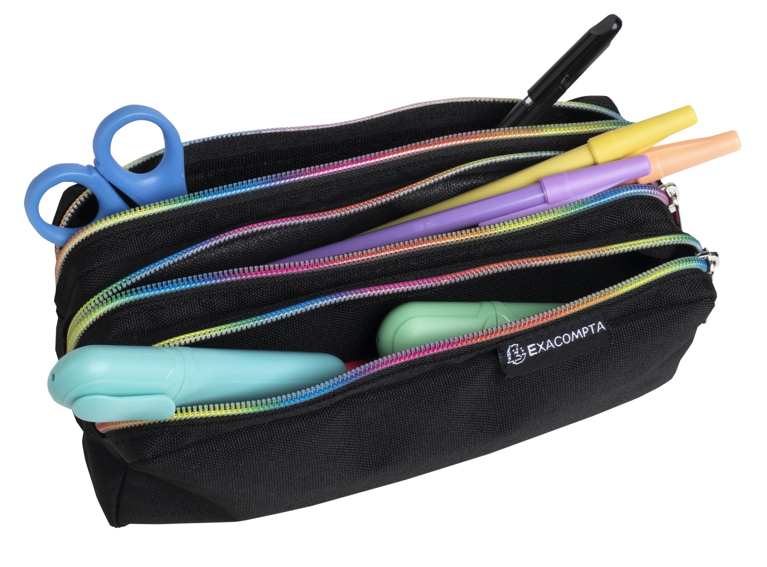 Exacompta - Ref 52140E - 1 Raibow Rectangle Pencil case - Tote with 3 compartments for Separating and Storing Various Accessories and Writing Materials - Rainbow Zipper - Black