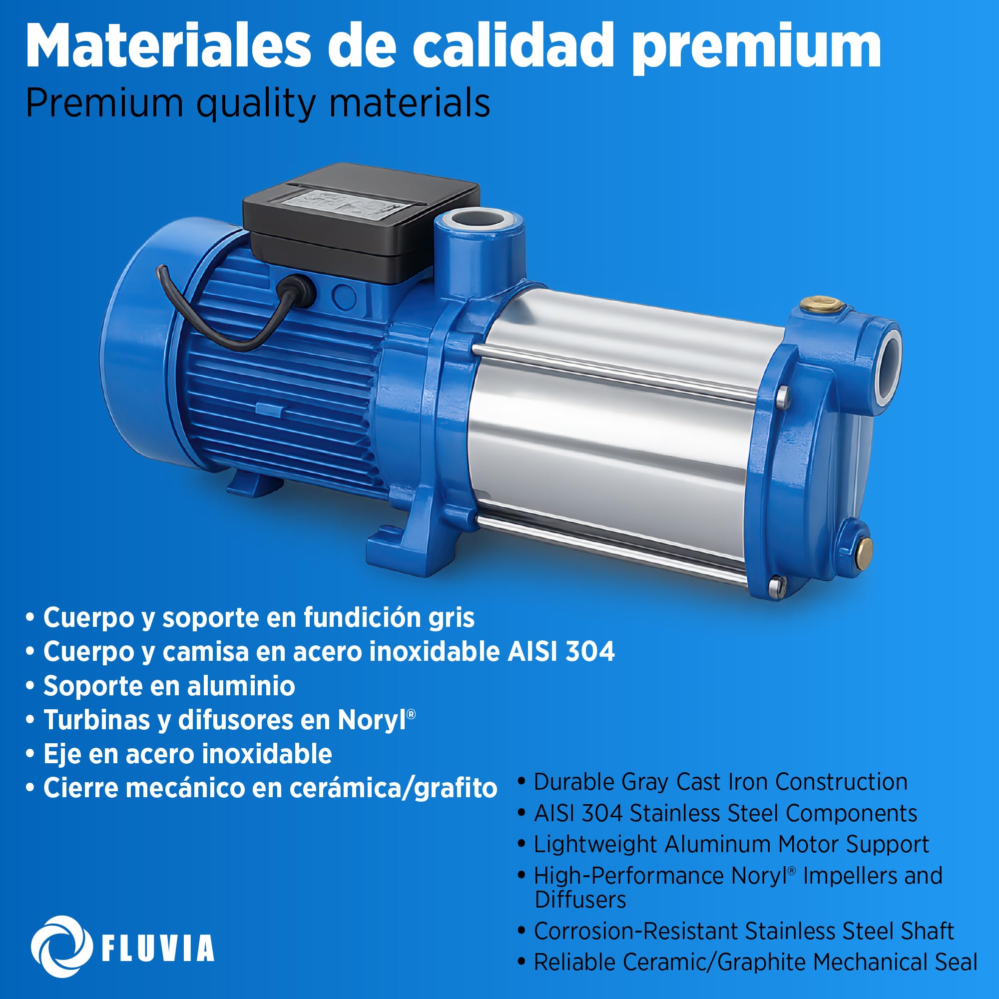 Bomba Centrifuga Multietapa 0.75 kW Horizontal para Presion de Agua y Riego con Cuerpo de Fundicion Eje Inoxidable Funcion Silenciosa para Vivienda Jardin y Grupo de Presion FLUVIA