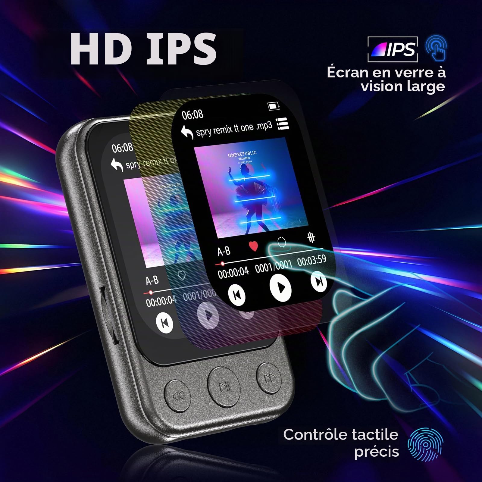 64GB Lecteur MP3 Bluetooth 5.3 avec Clip & Haut-Parleur, Lecteur de Musique Sport avec Écran Tactile et Boutons, Contrôle de Volume Indépendant, Radio FM, Extensible jusqu'à 128GB