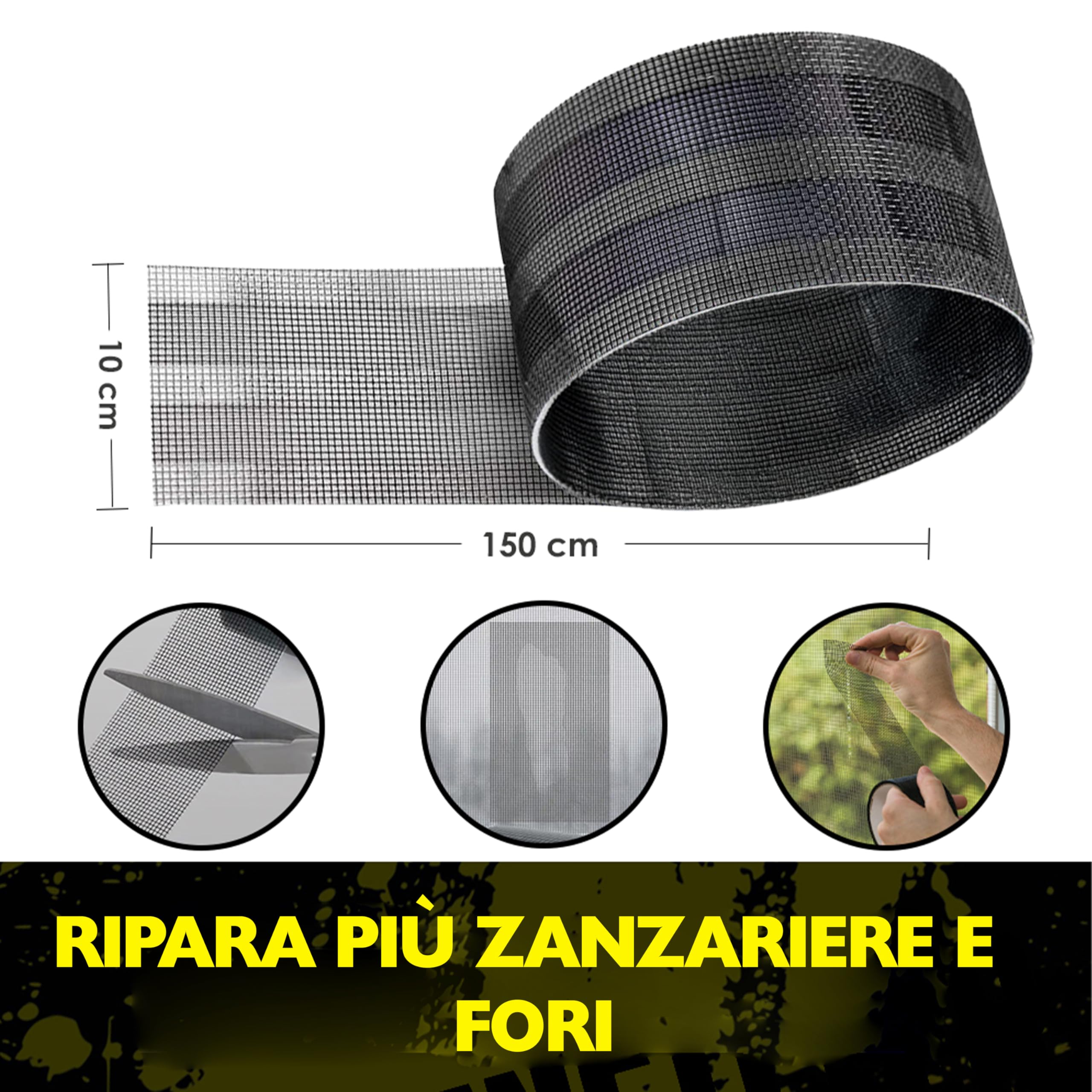 Nastro Adesivo Nero per Riparazione Zanzariere - Extra Resistente Nero - 10cm x 150cm per Zanzariere e Zanzariere Antizanzare – Finestra, Porta e Tenda – Resistente ai Raggi