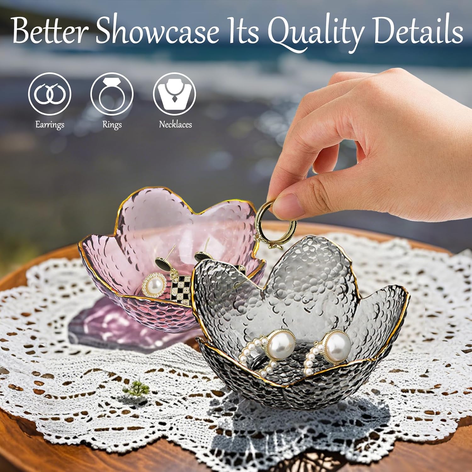 Grey Flower Jewelry Dish Glass Ring Dish Jewelry Tray Cute Vanity Organizer Room Decor Aesthetic Nightstand Bathroom Decor Trinket Dish Ring Holder Dish House Warming Gifts Stocking Stuffers for Women