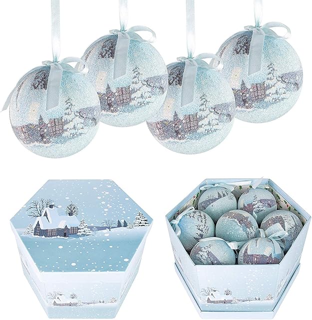 Invero 14 Piece Frosted Snow Village Christmas Theme Decoupage Baubles Set - Ideal for all Types of Christmas Trees or General Home Decoration - Includes Gift Storage Box