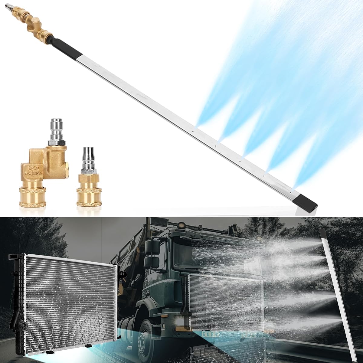 Varita de limpieza de radiador mejorada de 39 pulgadas con dos acopladores rápidos de 1/4 pulgadas, juego de herramientas de lavado a presión de 4500 PSI de doble uso para agua y aire para automóviles, camiones y otros vehículos