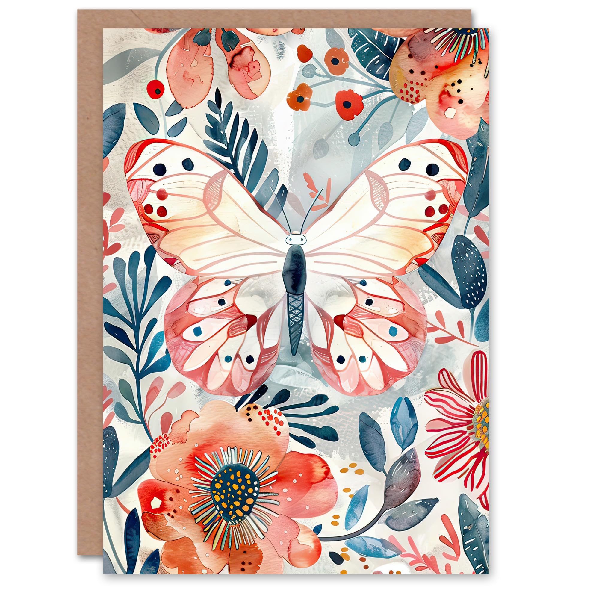 Artery8 Greeting Card Butterfly Red Blue Floral Watercolour Folk Art For Her Woman Birthday Card