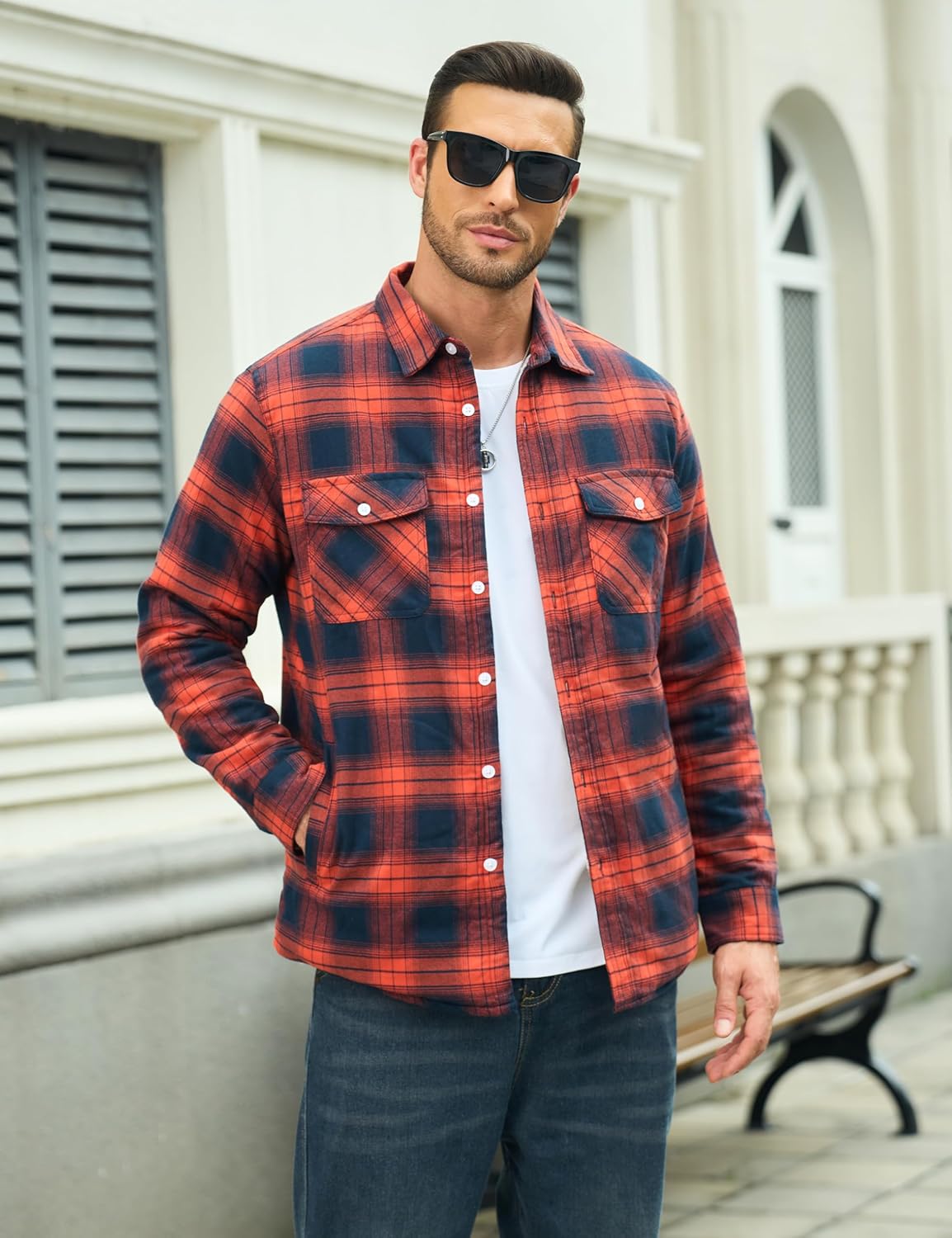 MAGCOMSEN Men's Flannel Shirt Fleece Lined Heavyweight Flannel Jacket Cotton Button Up Plaid Shirt Warm Winter Coat - Image 3