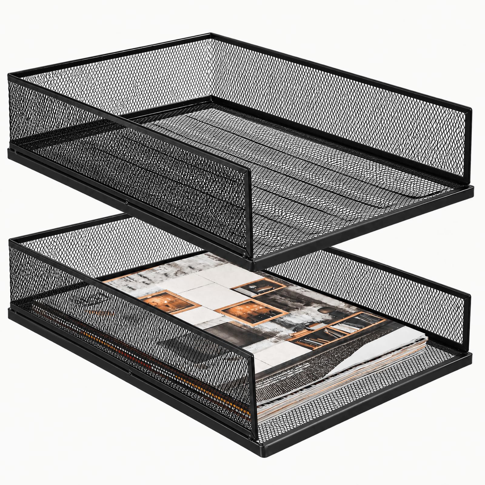 YOUEON 2 Pack Wire Mesh Letter Trays 32.6 x 25 x 7.5 cm, Stackable Paper Tray Organizer for Desk, Metal Desk Magazine File Holder for Home, Office, School