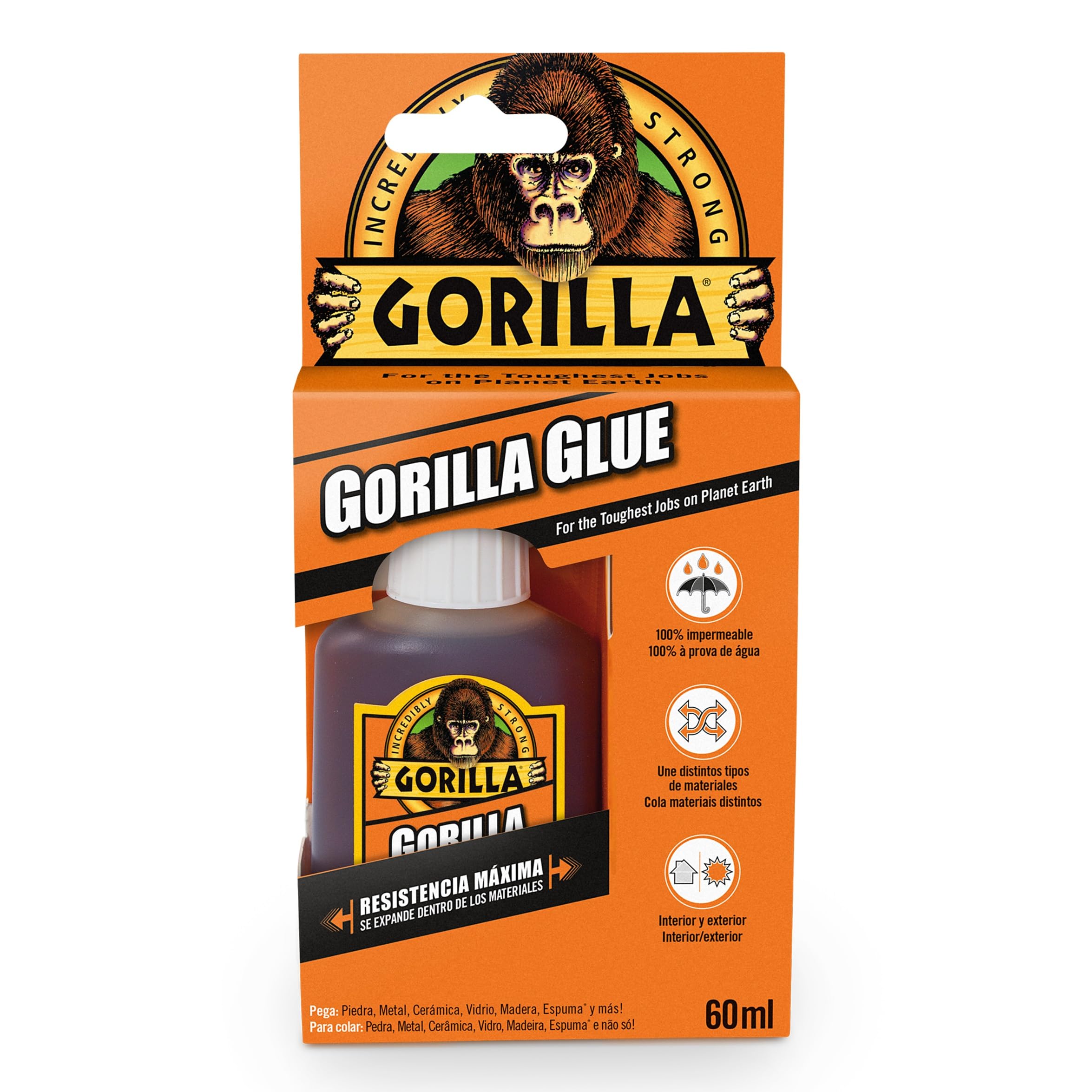 Gorilla 1034200 - Gorilla Glue - Pegamento de Poliuretano - Resistente - Piedra - Cerámica - Madera - Resistente al agua - 60 ml