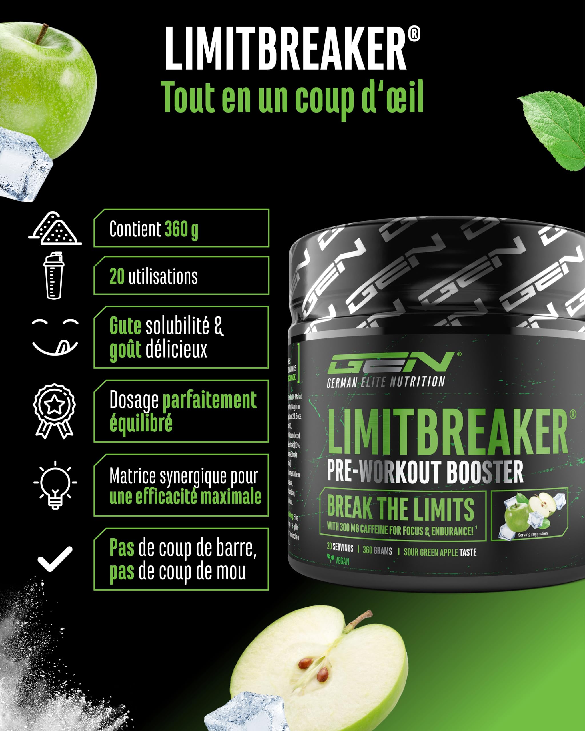LIMITBREAKER® Pre Workout Booster avec Caféine 300 mg - Goût Pomme Verte Acide - avec L Citrulline, AAKG, Bêta Alanine & L Théanine - Haut Dosage - 360 g Poudre 20 Portions - Végan