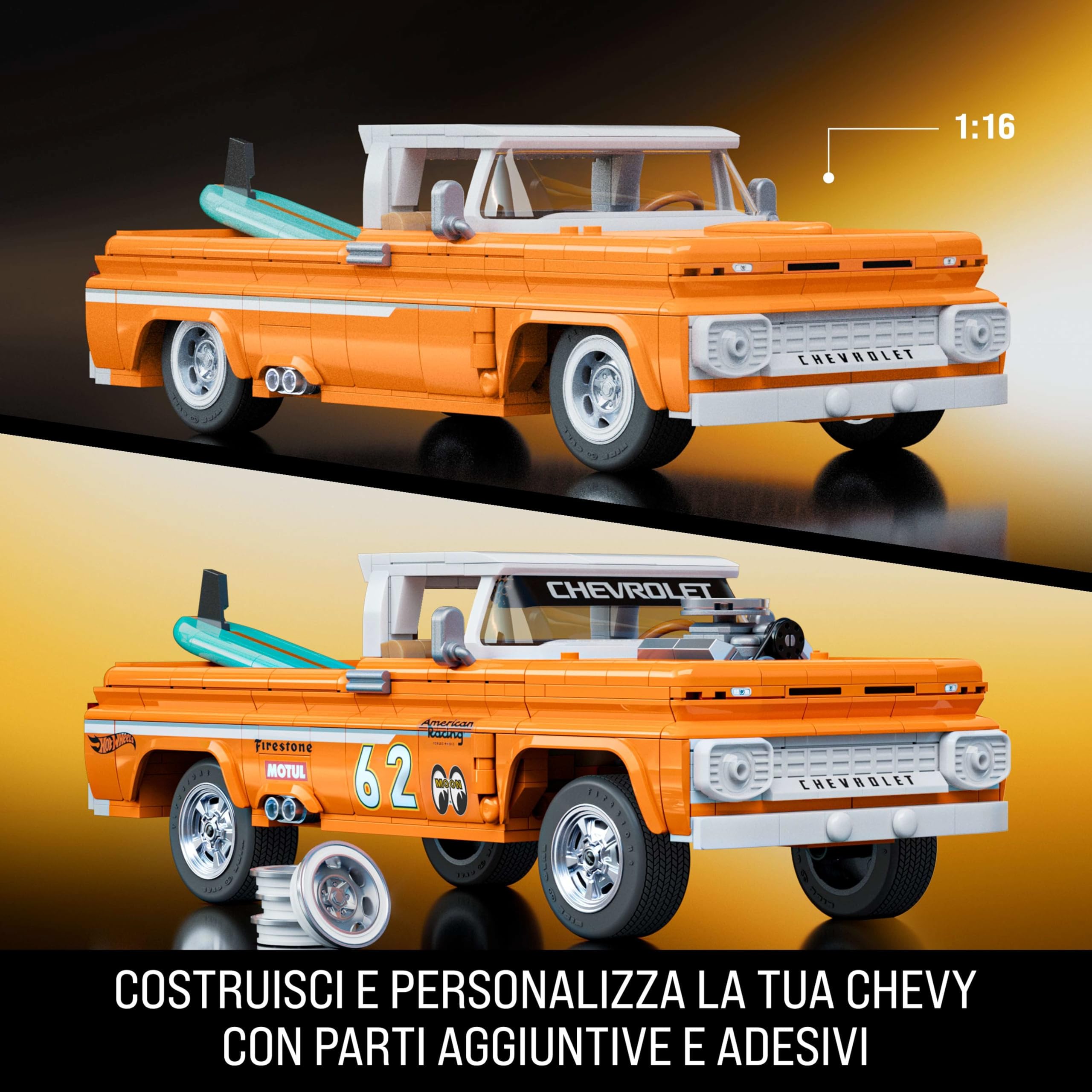 Mattel Brick Shop Hot Wheels Serie Elite set da costruire, Custom ’62 Chevy Pickup, 858 pezzi, adesivi per personalizzare l'auto, per collezionisti adulti e bambini dai 10 anni in su, JFT20