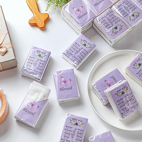Miniatura 4 de Harloon 100 paquetes de pañuelos faciales cristianos de mariposa púrpura en tamaño de billetera de bolsillo, pañuelos de viaje de 3 capas