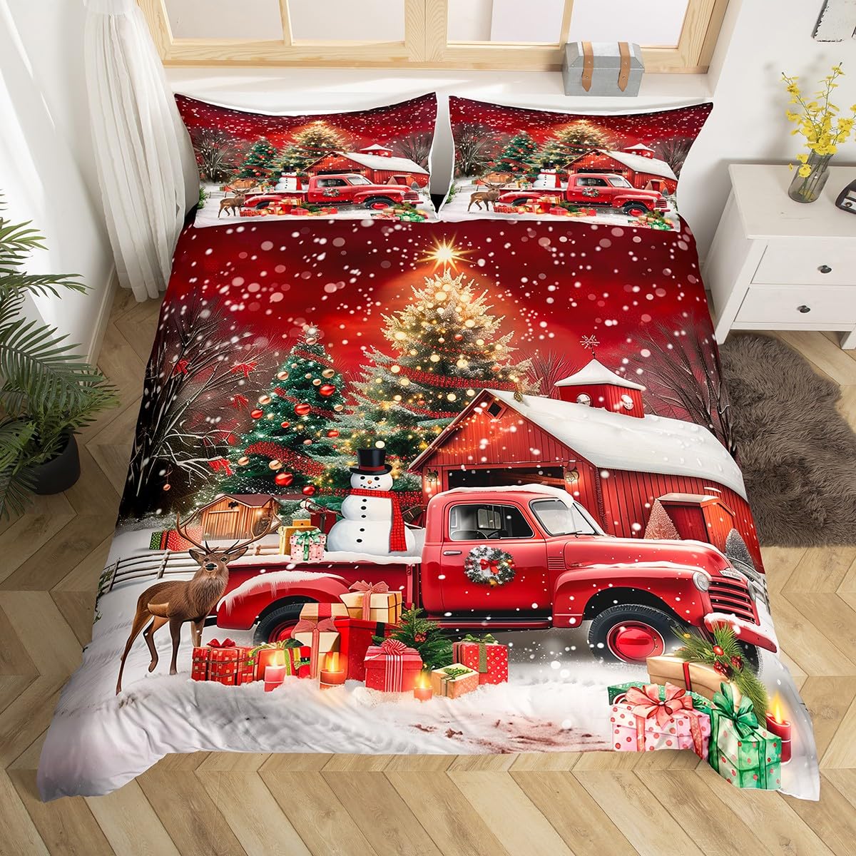 Manfei Merry Christmas Duvet Cover Super King Size,Luxury Christmas Trees and Gifts 3 Pcs Quilt Cover(No Filler),Red Barn Truck Bedding Set with 2 Pillowcases,Happy New Year Gift Kids Room Decor