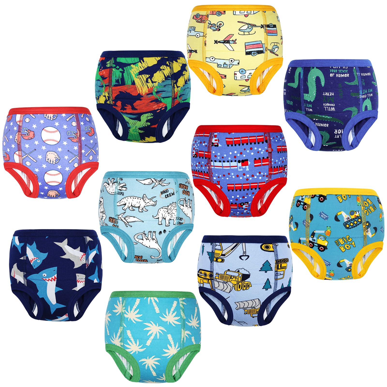 FLYISH DIRECT Culottes Apprentissage 100% Coton, Lot de 10 slip d apprentissage pour Garçons et Filles, Culotte Absorbants Enfant, Réutilisables et Lavables, Mélange Dinos et Véhicules, 3 ans