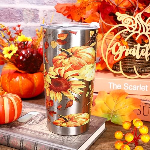 Miniatura 4 de Whaline Vaso de vino de acero inoxidable con diseño de girasol y acuarela de otoño, con popote y cepillo de limpieza, taza de café de Acción de