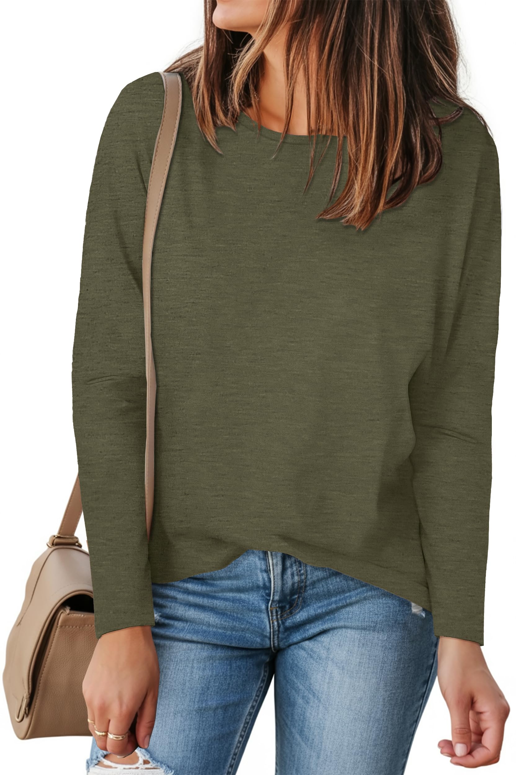 Long Sleeve Shirt Women Basic Tops Crew Neck Tees Loose Fit Casual Tunic Fall Outfit（S-2XL）