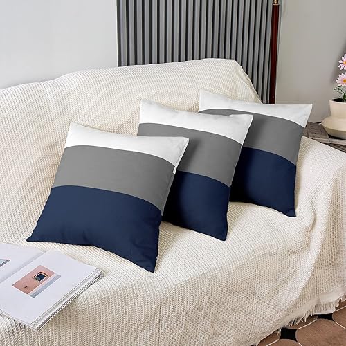 Miniatura 4 de Juego de 2 fundas de almohada reversibles con diseño geométrico de rayas azul marino, para decoración del hogar, 22 x 22 pulgadas, diseño moderno a