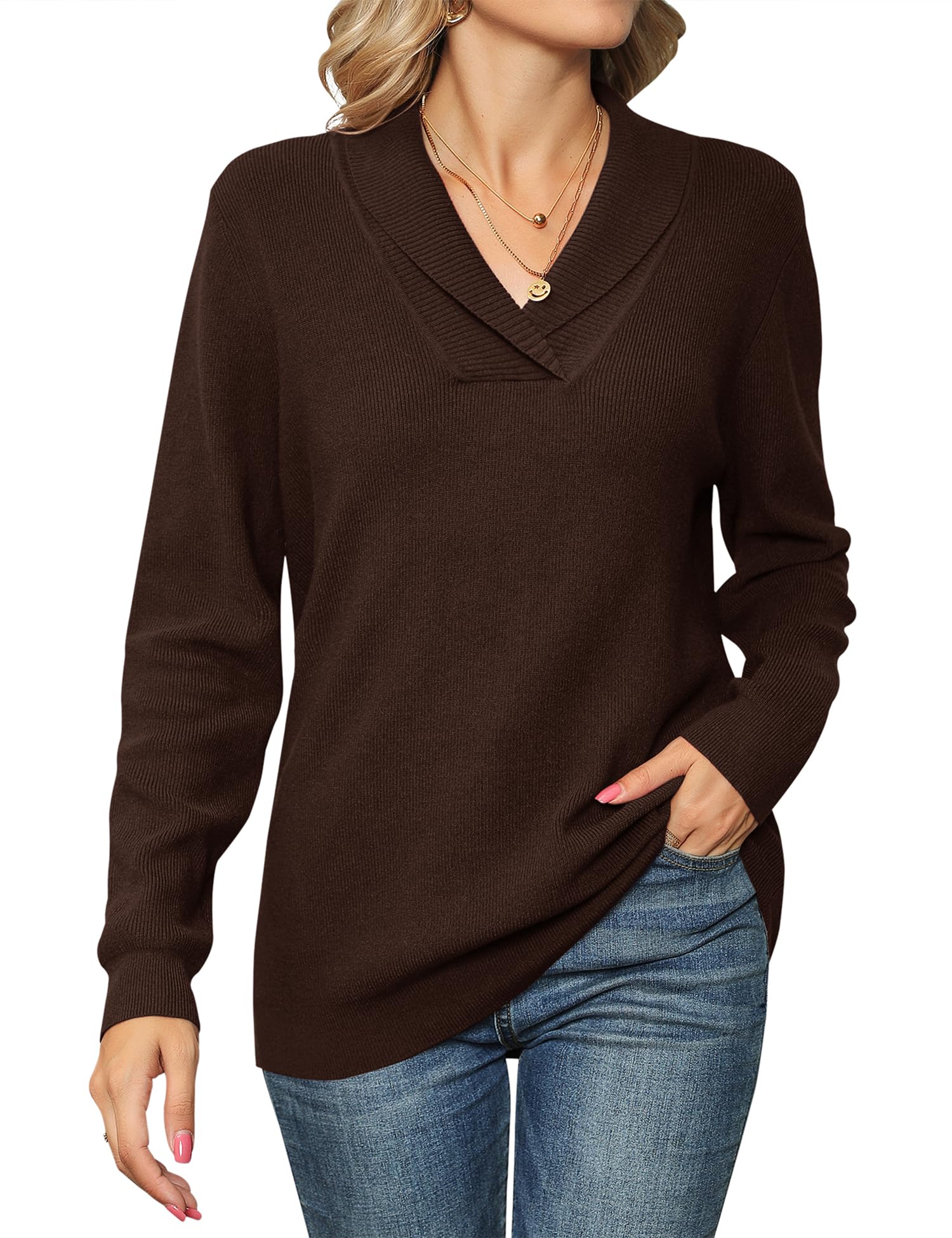 Ivicoer Women Long Sleeve V Neck Pullover Collar Knitted Sweaters
