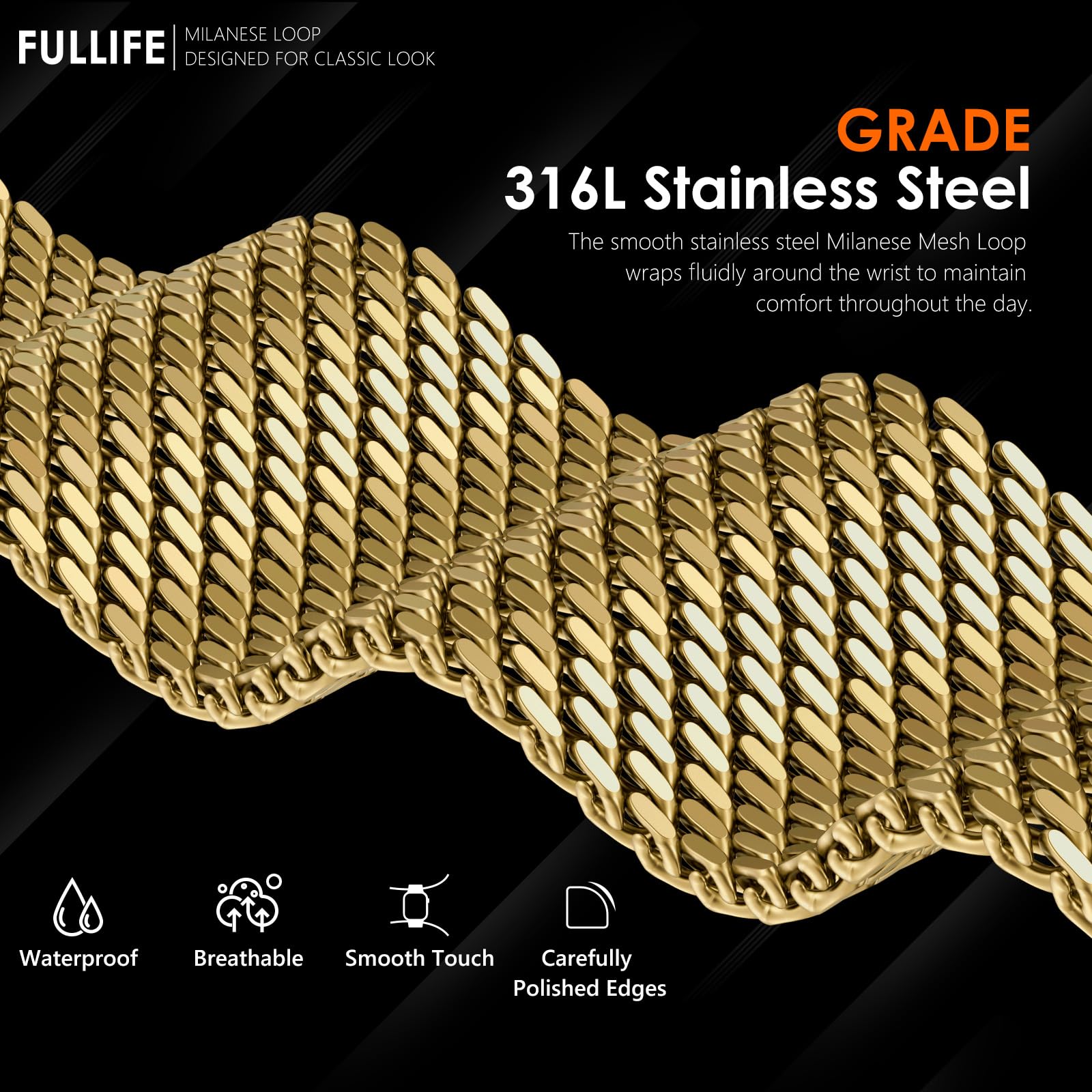 FULLIFE Boucle en maille milanaise pour Apple Watch Bracelet Apple Watch Ultra 3/2/1 49 mm, 46 mm, 45 mm, 44 mm pour homme et femme, bracelet en acier inoxydable avec boucle de style parachute pour