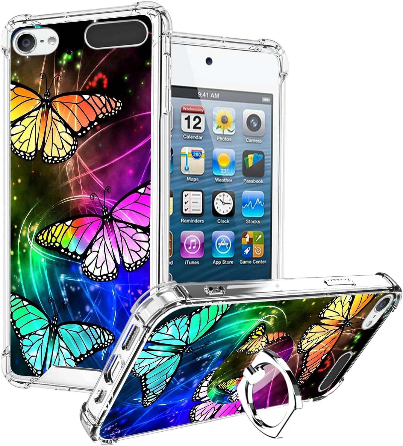 OOK Compatible with iPod Touch5/6/7 Generation Case Ring Holder for Girls Woman,Soft TPU Bumper PC Back Shockproof Protective Case-Color Butterfly