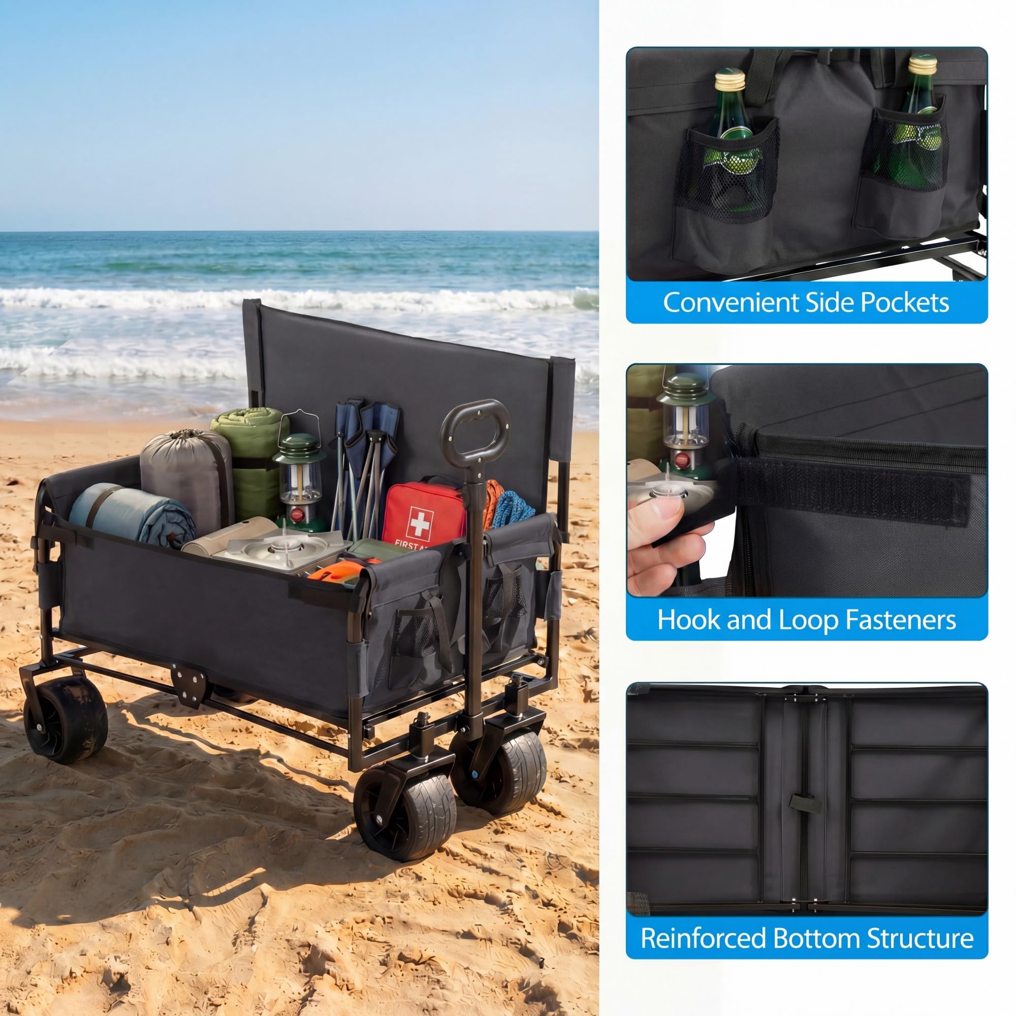 SOARS 2-en-1 Chariot de Plage Pliable avec Banc, Chariot de Transport avec Roues Tout-Terrain et Coussins, Acier Résistant, pour Camping, Jardin, Pêche, 80 KG, 85L