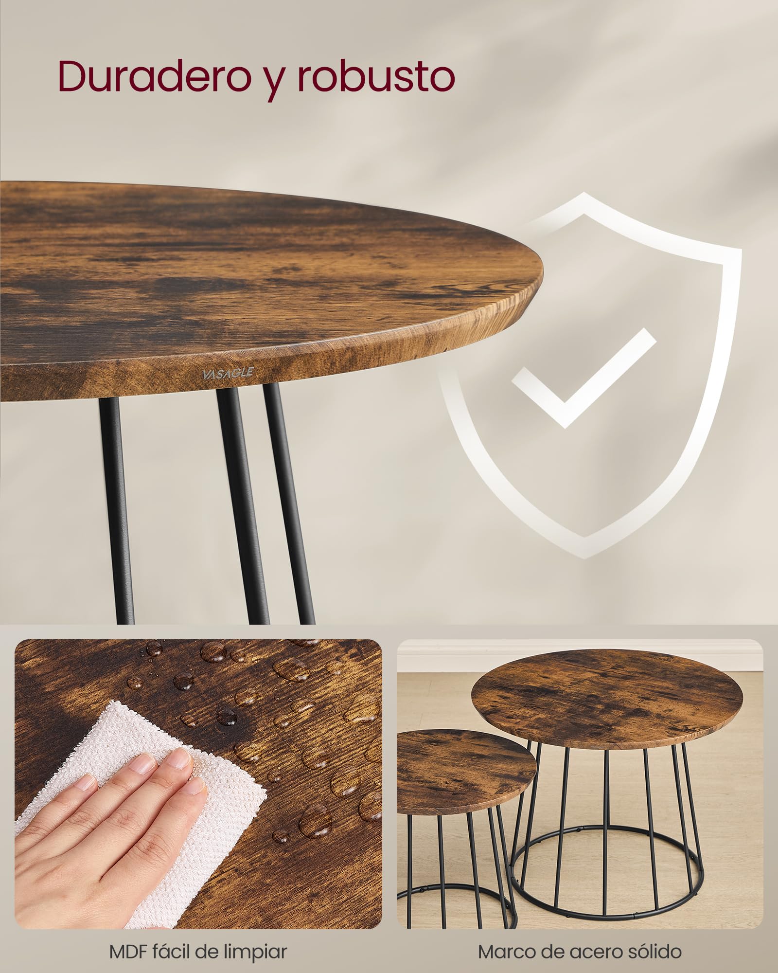 VASAGLE Mesa de Centro Redonda, Juego de 2 Mesas de Café, Estilo Moderno, Marco de Acero, para Sala de Estar, Dormitorio, Marrón Rústico LCT045K01