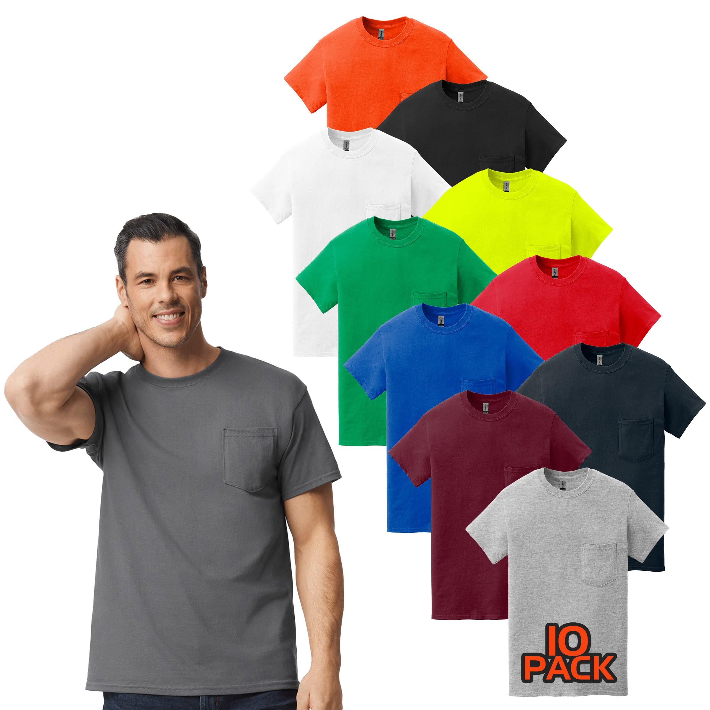 Gildan 5300 Pocket T-Shirts for Men Bulk Undershirts for Men Multipack - Heavy Cotton Crewneck Pocket Tee Shirts