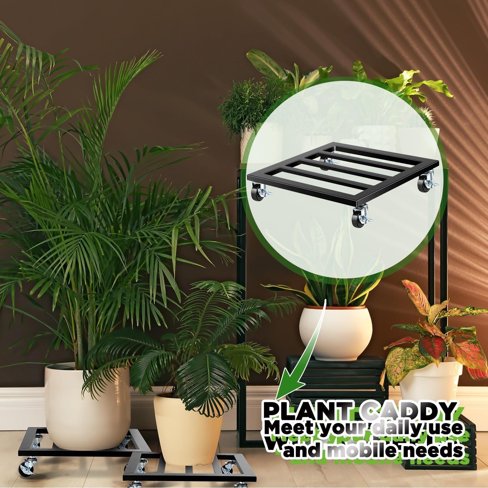 Macetero móvil con ruedas, soporte para flores de pie para interior y exterior, negro, 40 cm, para balcón, jardín, soporte universal para macetas