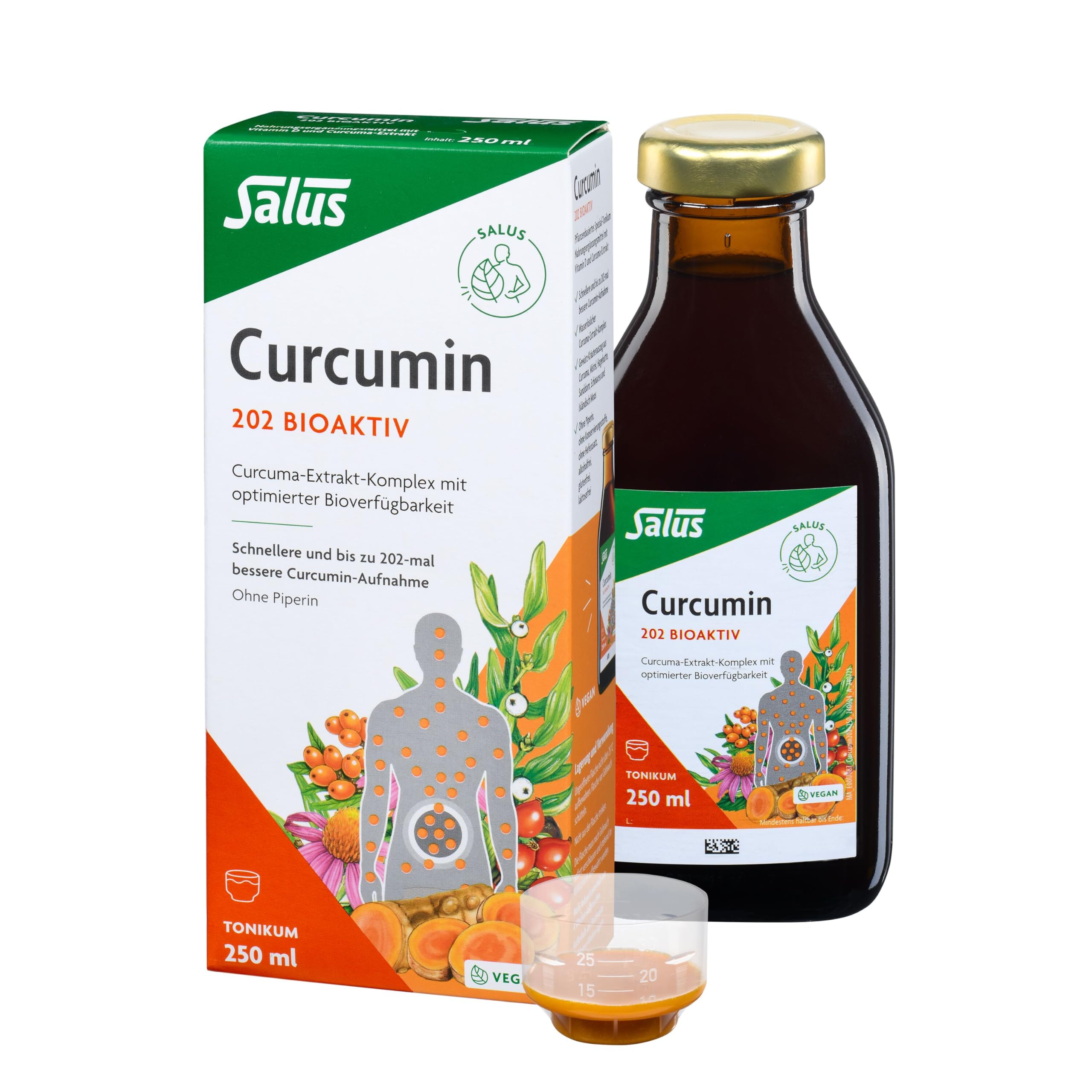 Salus Curcumin 202 Bioaktiv Tonikum – herausragende Bioverfügbarkeit: bis zu 202x bessere Curcumin-Aufnahme – ohne synthetische Polysorbate oder Piperin – mit Vitamin D3 – 250 ml