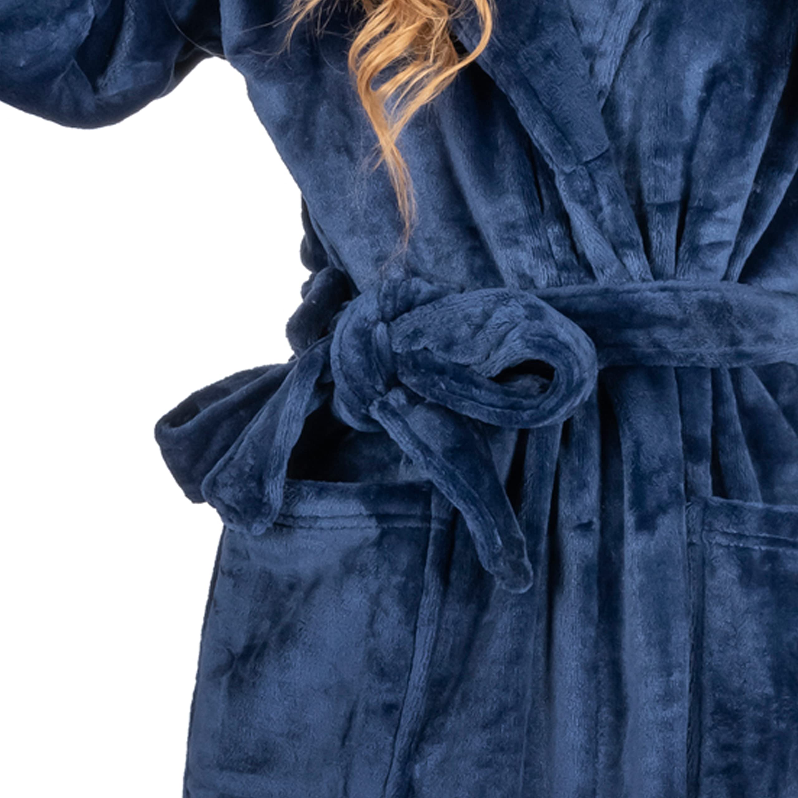 MONHOUSE Womens Dressing Gown - Premium Super Soft & Cosy Long Bathrobe - Ladies Thick Flannel Luxury Housecoat - Warm Fluffy Shearling Spa Robe for Her - Sherpa Bathrobe - Navy UK 20-22