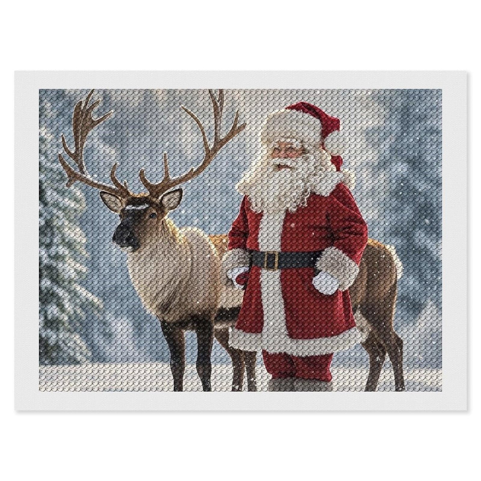 Santa Claus and Deer Elk Diamond Painting Kits for Adults, DIY 5D Diamond Painting Kits for Beginners, Round Full Drill Diamond Dots Paintings, Diamonds Pictures Gem Art for Crafts Home Decor 12"x16"