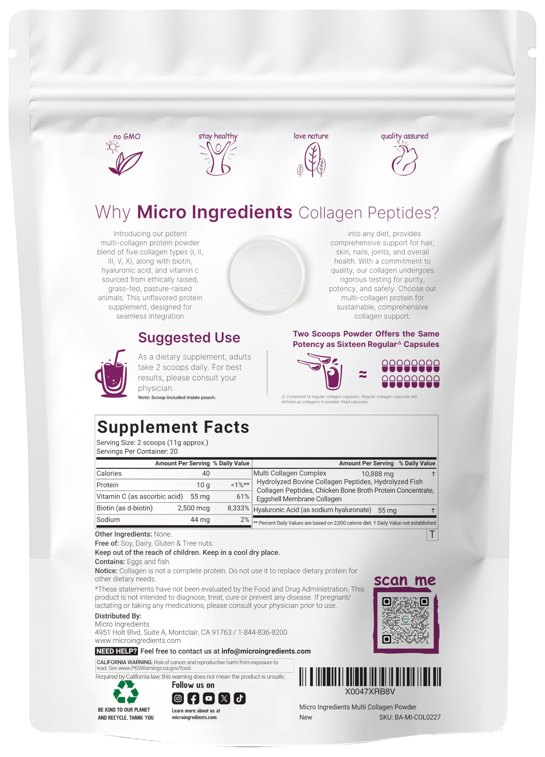 Micro Ingredients Multi Collagen Peptides Powder, 8oz (20 Servings) – Hydrolyzed Type I,II,III,V,X with Biotin, Hyaluronic Acid, Vitamin C – Unflavored Collagen for Women & Men, Easy Dissolve — Amazon image 2