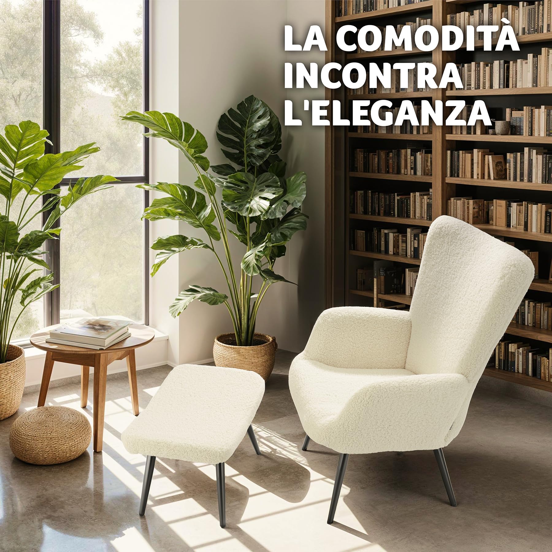 tectake® Poltrona Imbottita, Poltrona Ergonomica con Schienale e Braccioli, Poltrona Camera da Letto, Poltrona Salotto Moderna, Carico Massimo 150 kg - con Pouf, Bouclé, Crema/Nero