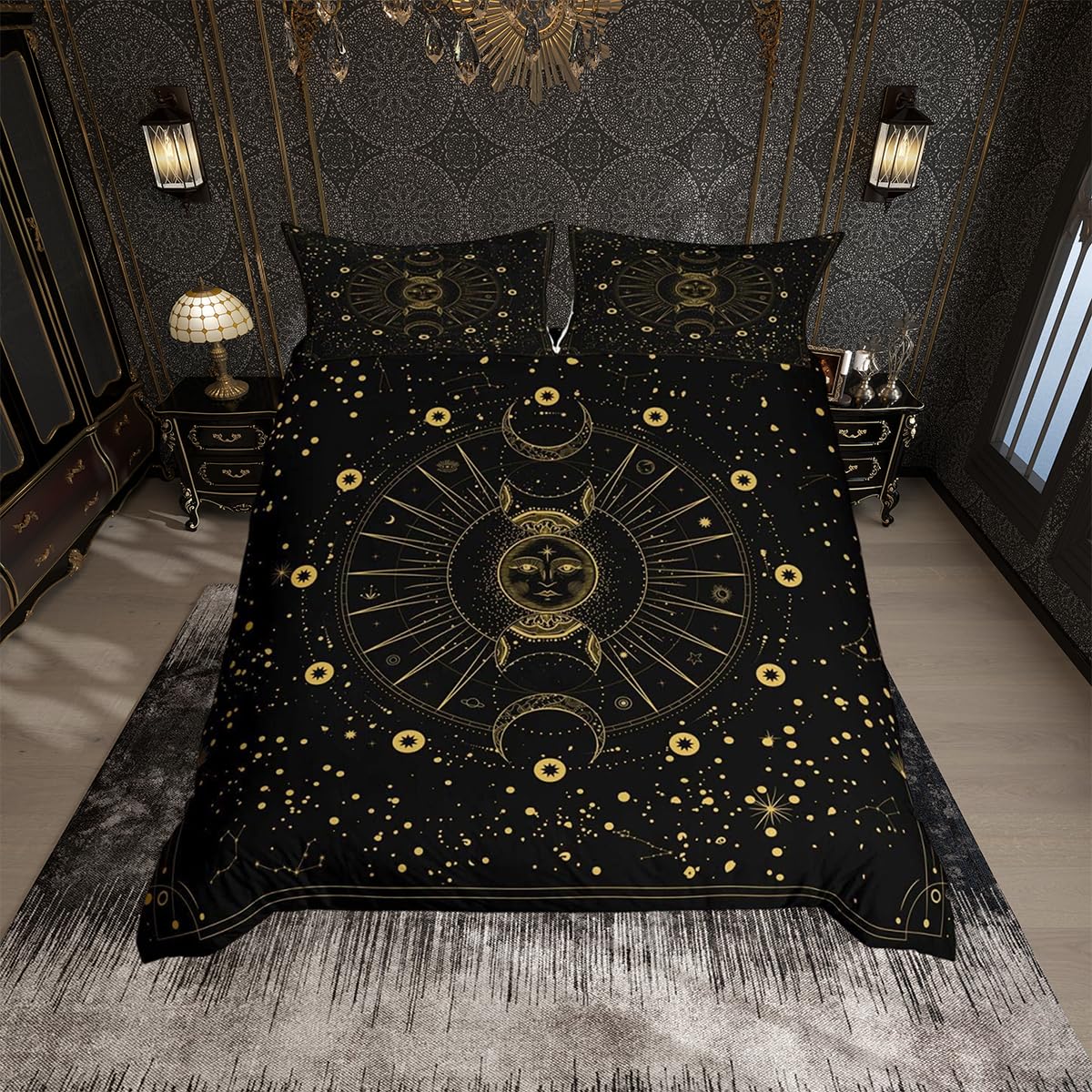 Bohemian Celestial Sun Moon Bedding Set Super King Moon Stars Duvet Cover Set for Boys Girls Kids Golden Black Comforter Cover Soft Quilt Cover Bedroom Decor Sun and Moon Bedspread Cover