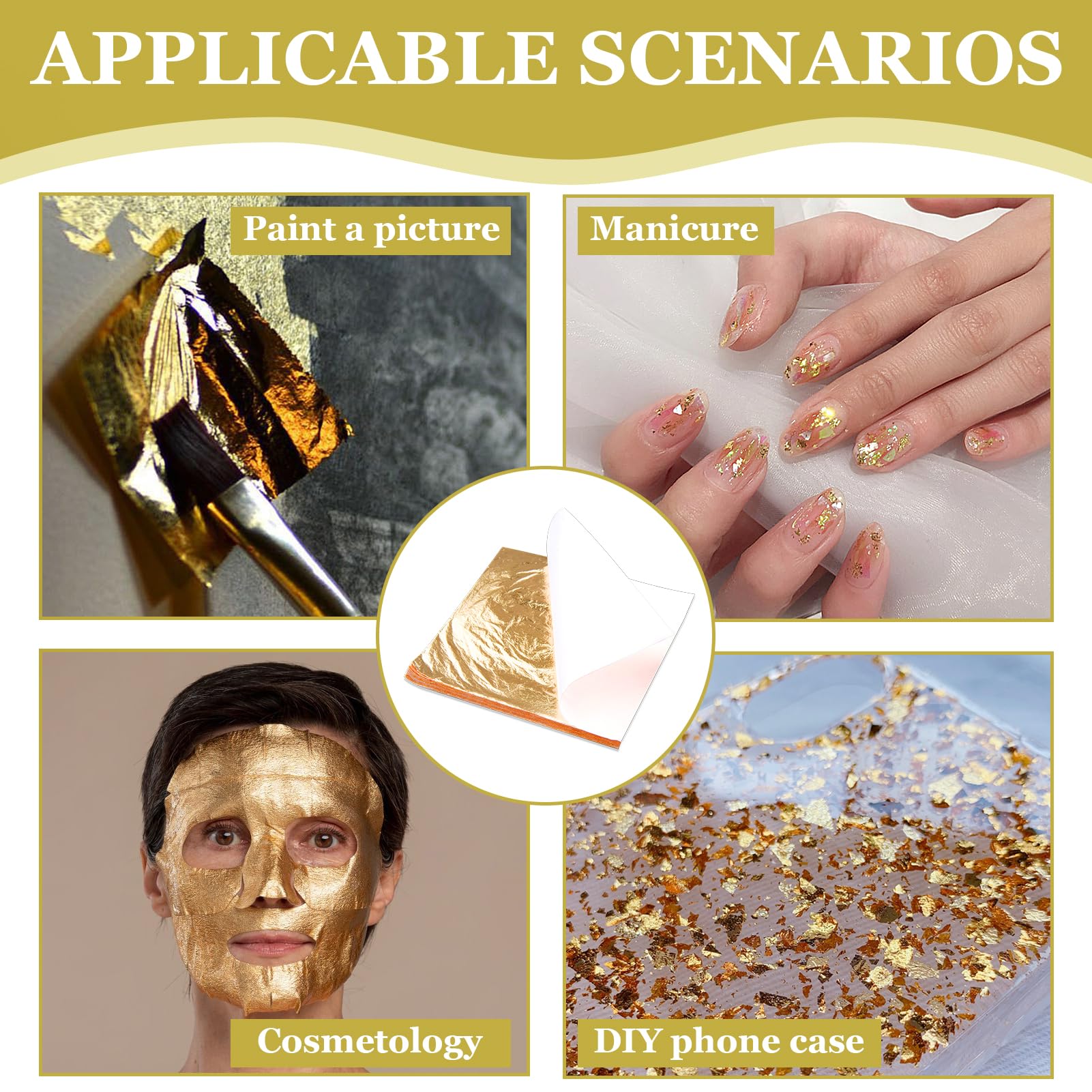 100pcs Hojas Pan de Oro de Imitación para Artes14*14 cm, hojas de oro copos decorativos,Hojas de Imitación de Oro,Perfectas para Decoración, Artesanía y Manualidades,Material de Cobre Brillante