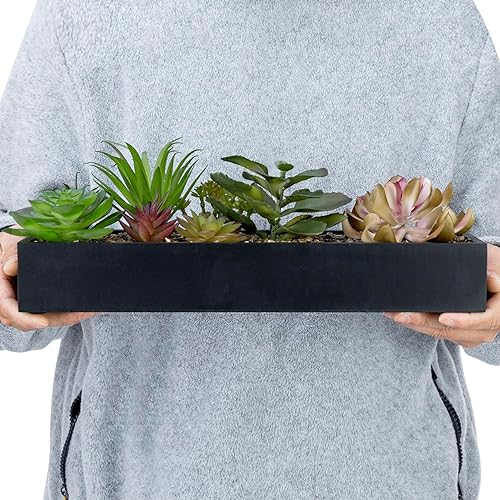 Miniatura 6 de MyGift Arreglo artificial surtido de suculentas en caja rectangular de madera negra, decoración de plantas falsas