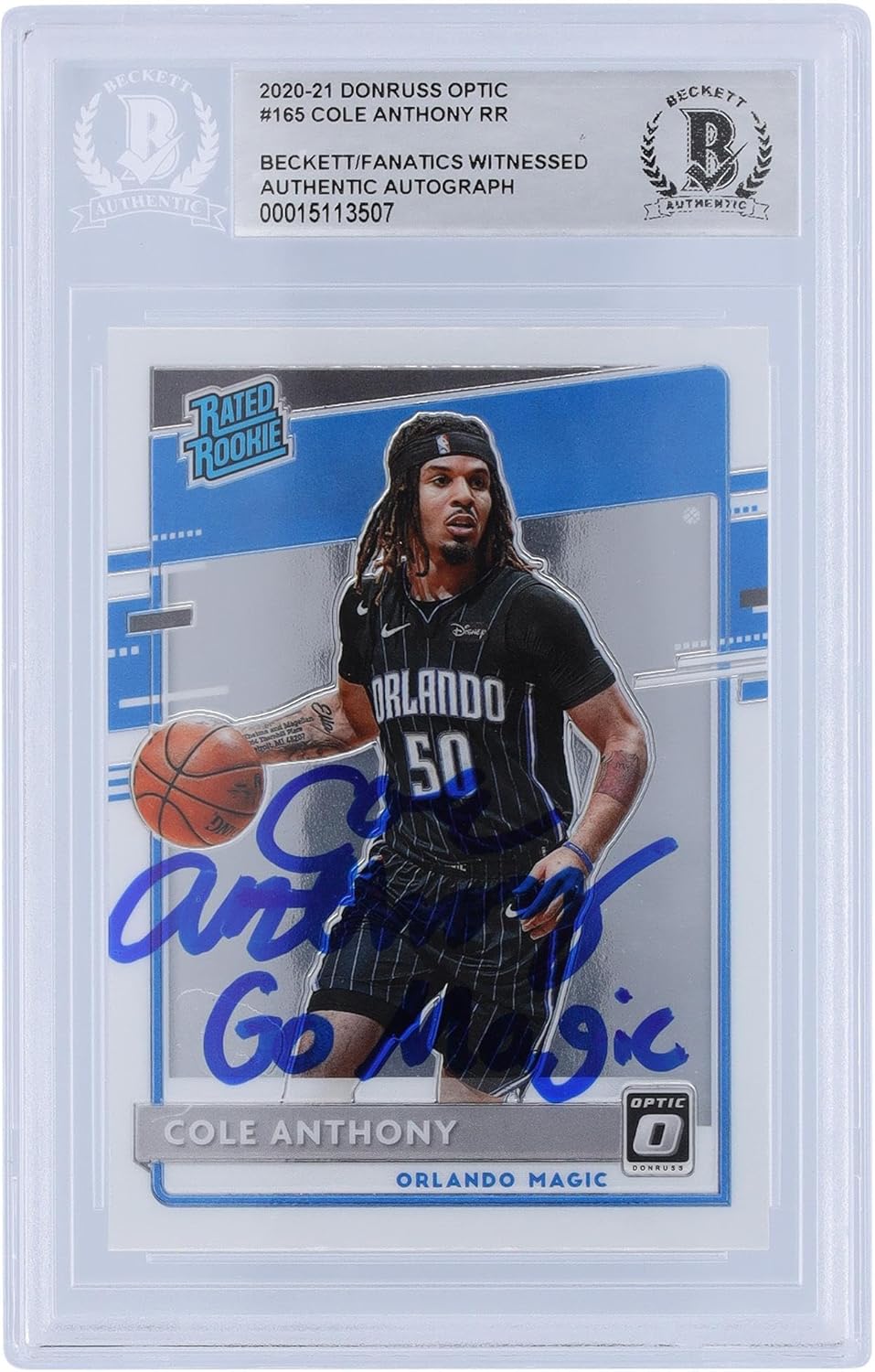 Cole Anthony Orlando Magic Autographed 2020-21 Panini Donruss Optic #165 Beckett Fanatics Witnessed Authenticated Rookie Card with "Go Magic" Inscription - Basketball Slabbed Autographed Rookie Cards