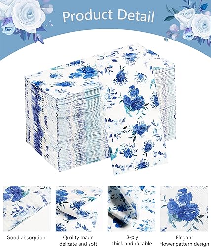 Miniatura 3 de Servilletas florales de 100 unidades de 13 x 15.7 pulgadas, servilletas de papel desechables de 3 capas de flores azules para baño, boda,