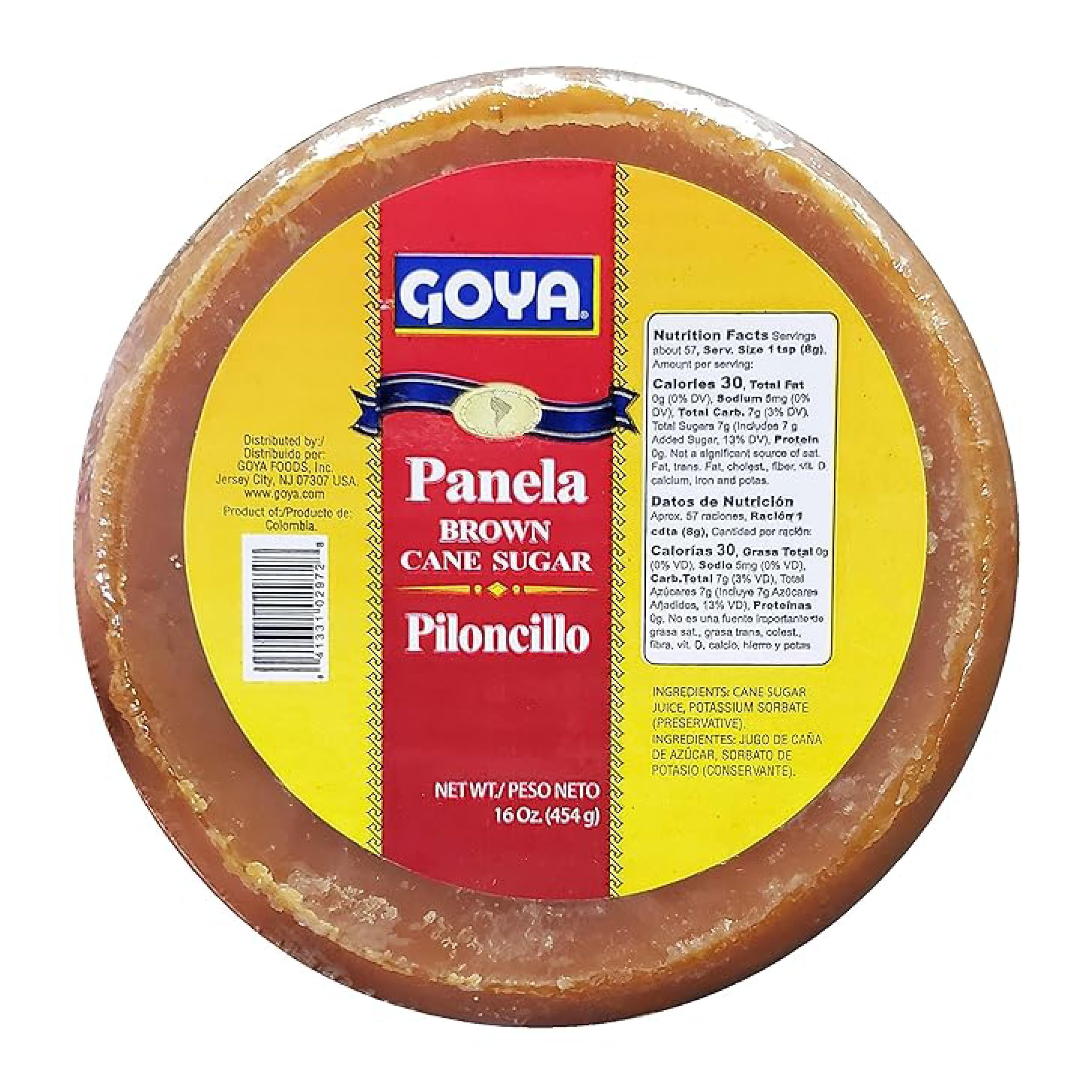 Panela Brown Sugar Cane by Goya, Cane Sugar, Piloncillo Sugar for Authentic Latin Dishes, Unrefined Mexican Sugar for Baking and Cooking, Panela Colombiana, 1lb. Round Redonda Panela